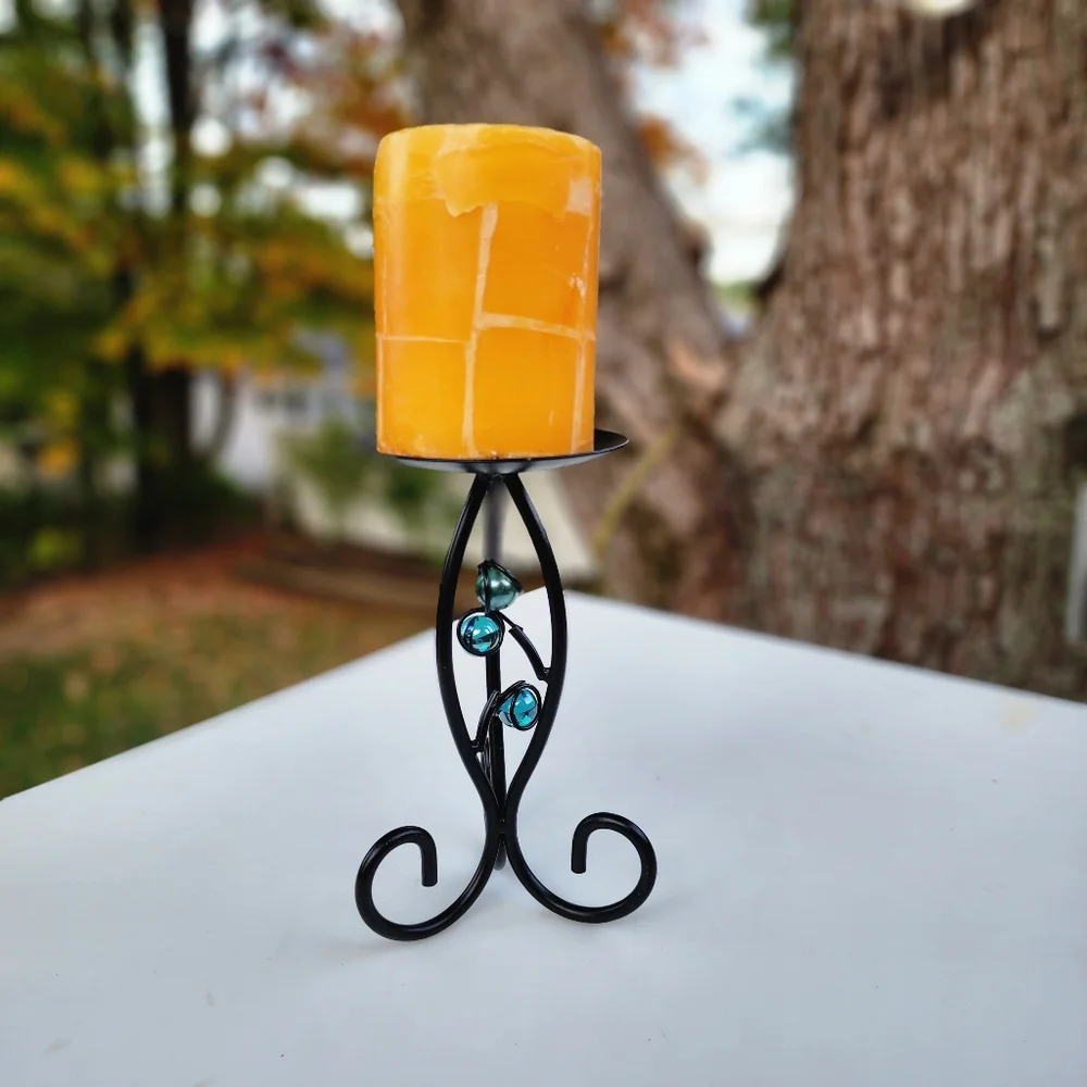 Pillar Wrought Iron Candle Holder‎ With Blue Crystals